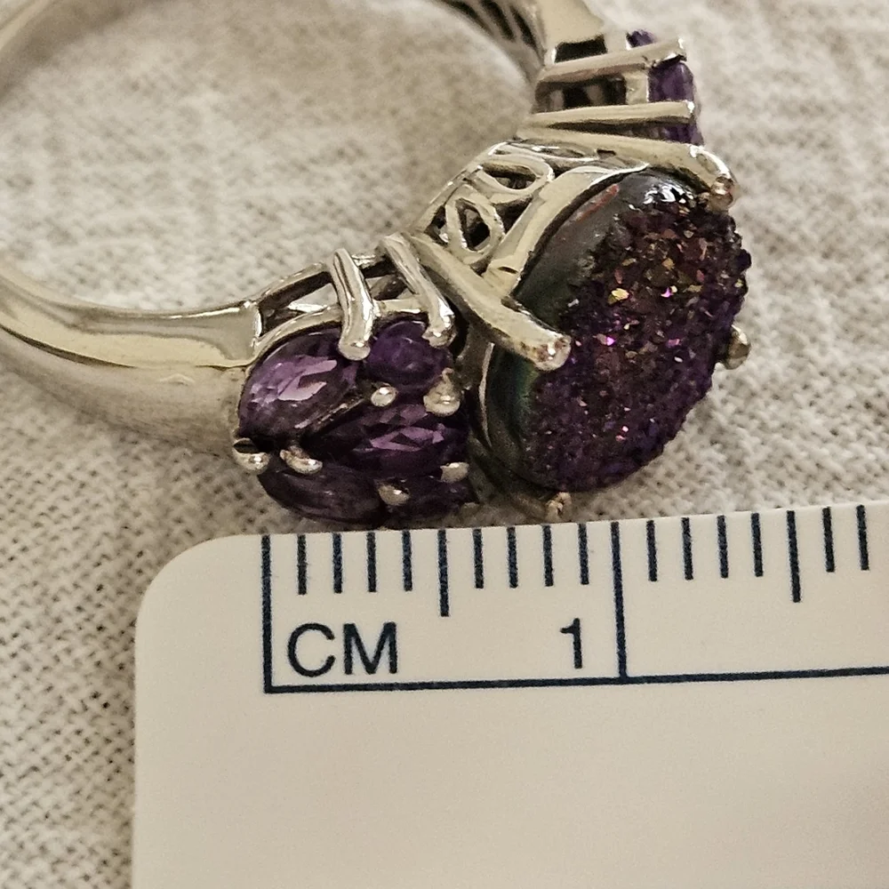 Purple Drusy African Amethyst Ring Platinum Over 925 Sterling Silver Sz 8